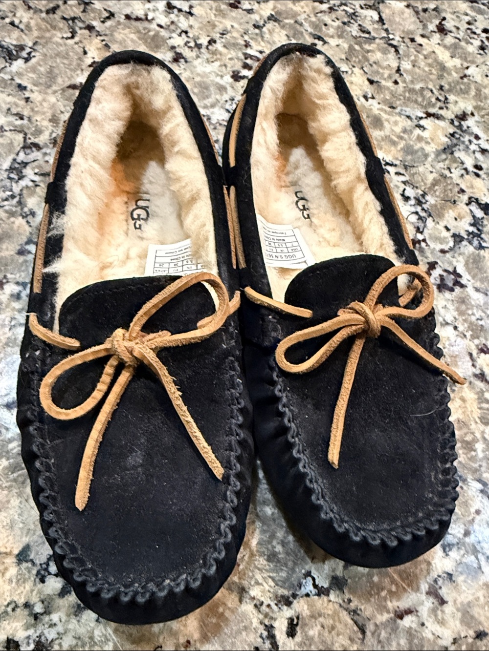 UGG Black Suede Moccasin Slippers with Tan Laces